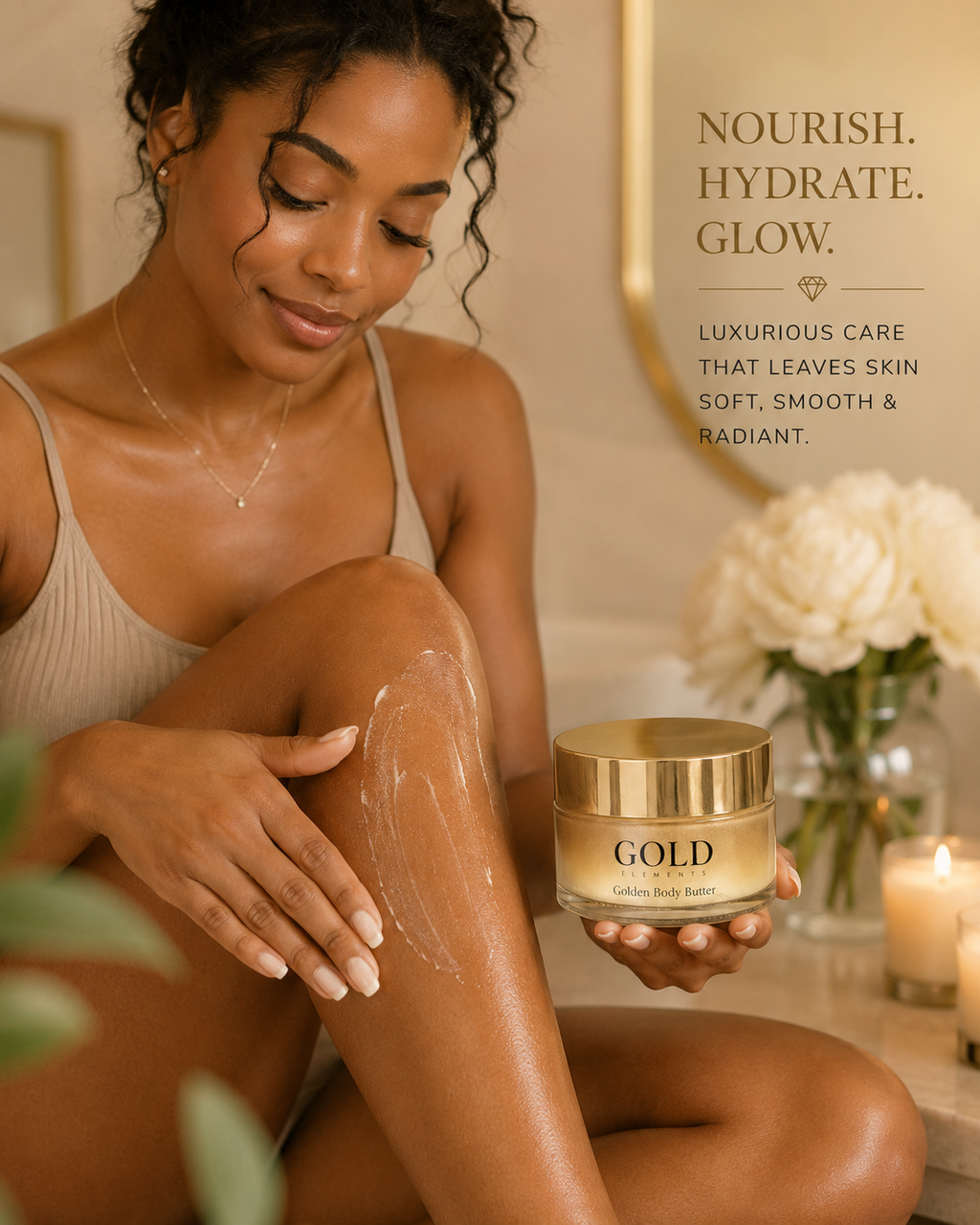 Model applying Gold Elements Golden Body Butter — Nourish. Hydrate. Glow. Luxurious care that leaves skin soft, smooth and radiant.