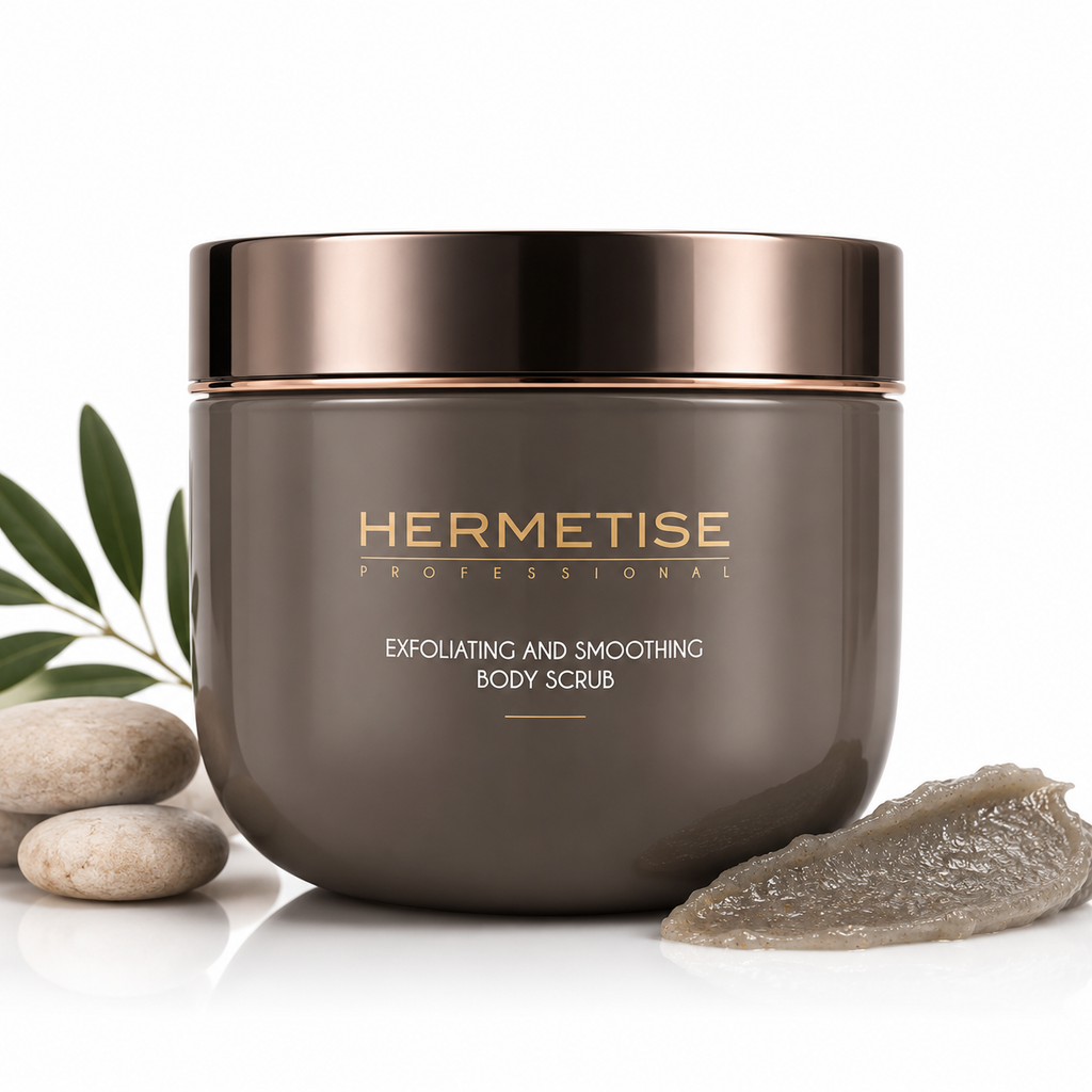 Hermetise Professional Exfoliating and Smoothing Body Scrub jar with olive branch and stone on white background