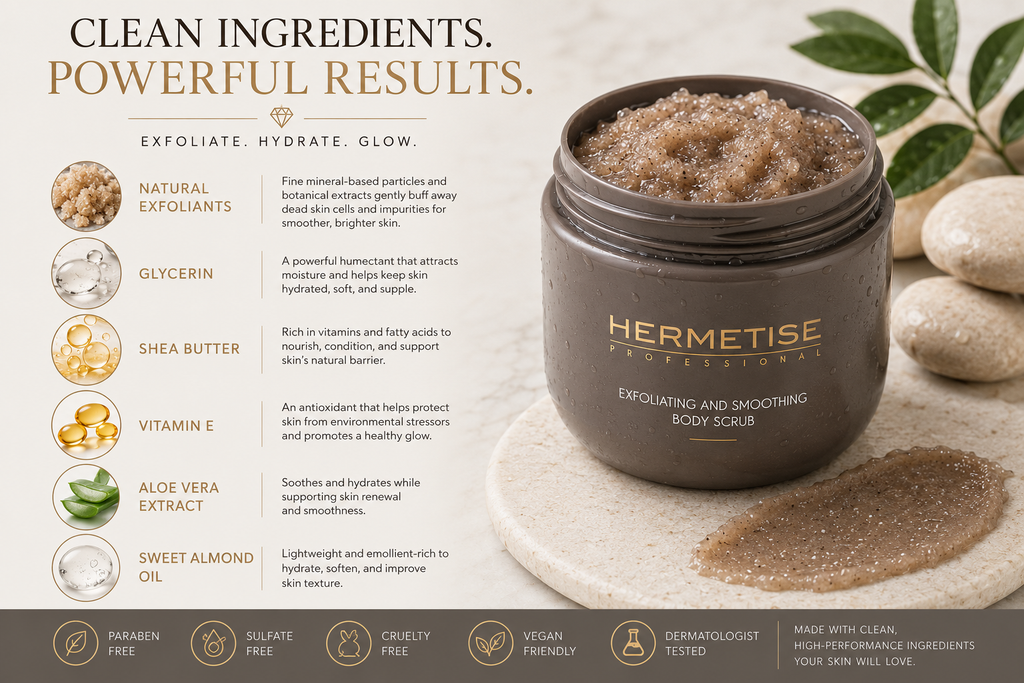 Hermetise Professional Body Scrub ingredients infographic — Clean Ingredients, Powerful Results
