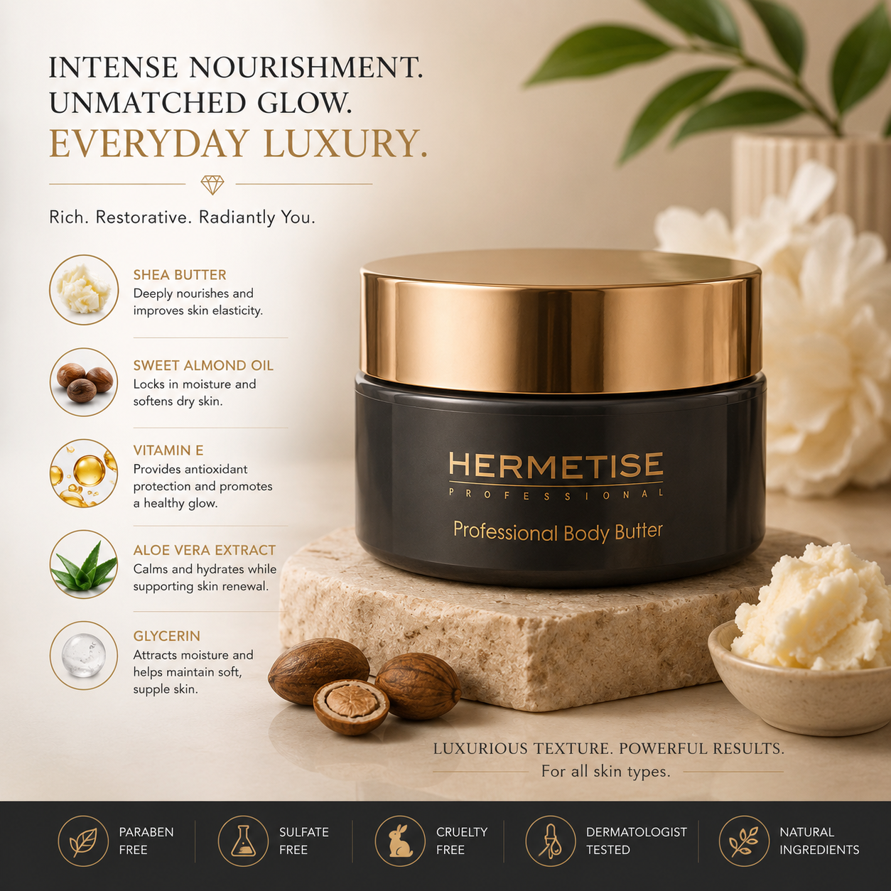 Hermetise Professional Body Butter jar on stone with shea butter and natural ingredients — Nourish. Hydrate. Transform.