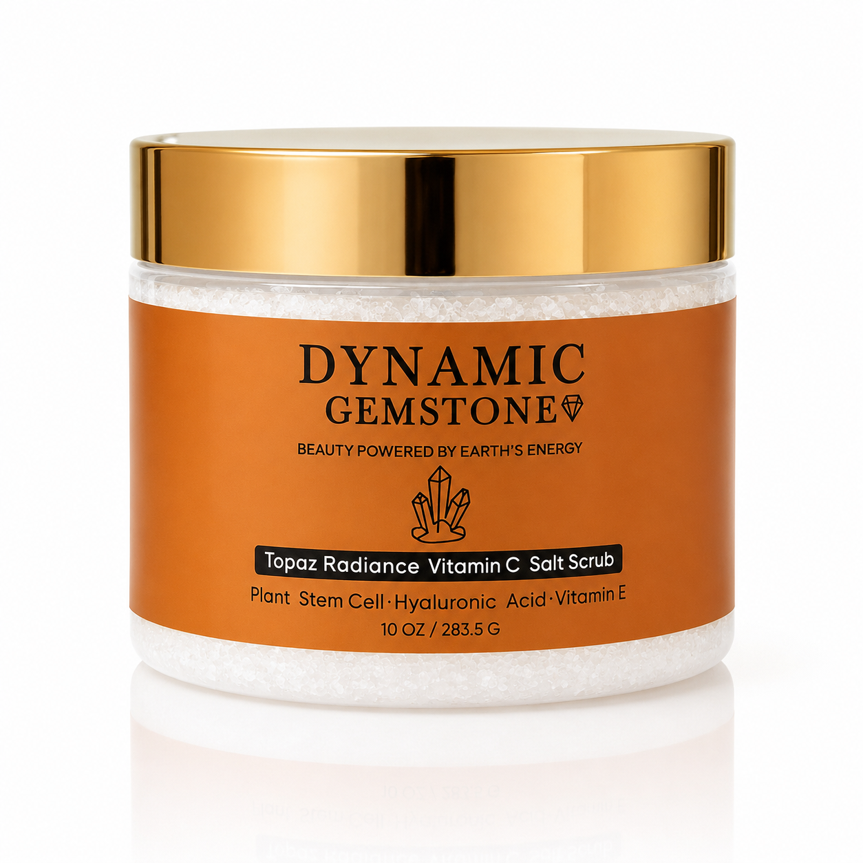 Dynamic Gemstone Topaz Radiance Vitamin C Salt Scrub 10oz jar with gold lid on white background