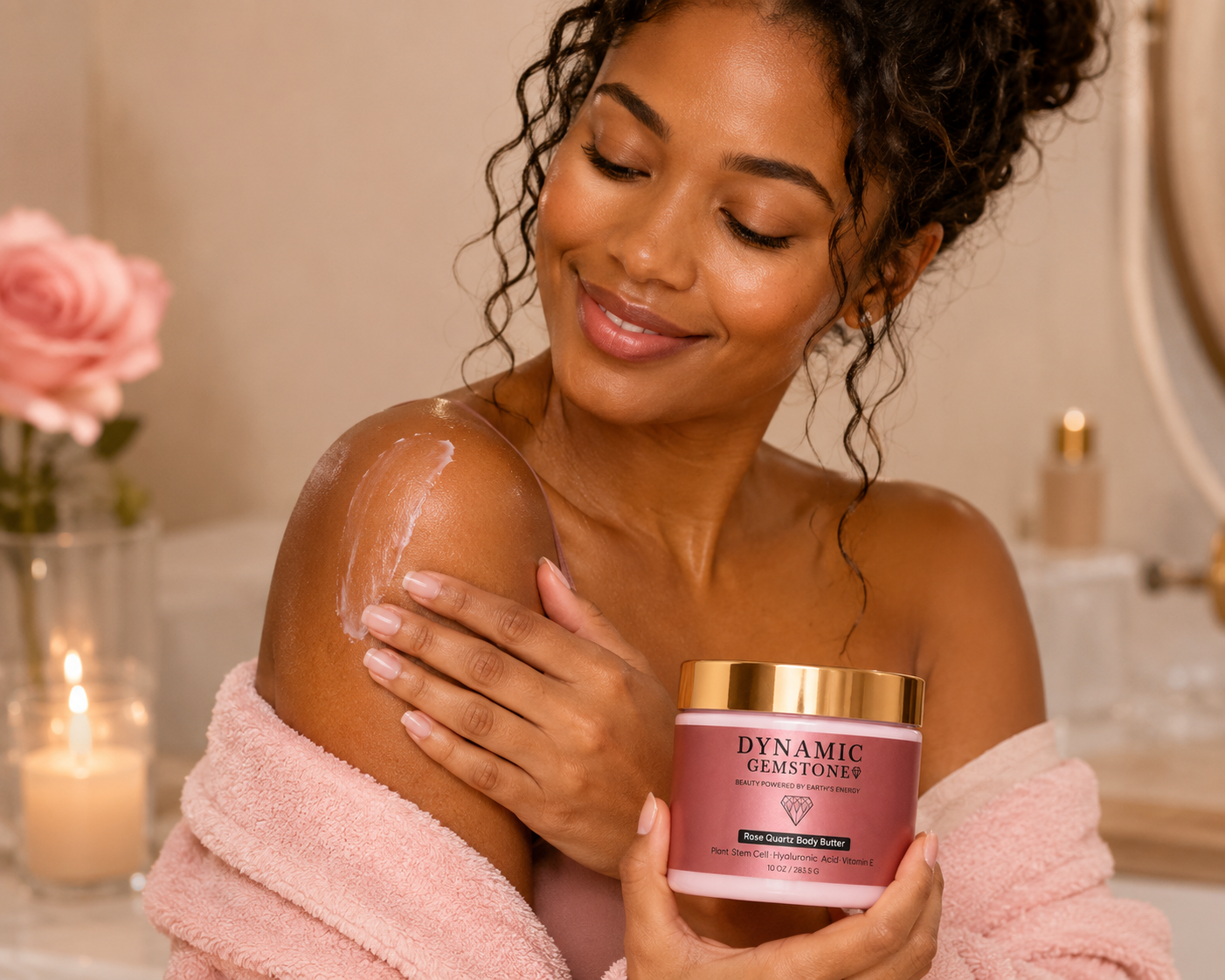 Model applying Dynamic Gemstone Rose Quartz Body Butter in candlelit bathroom setting