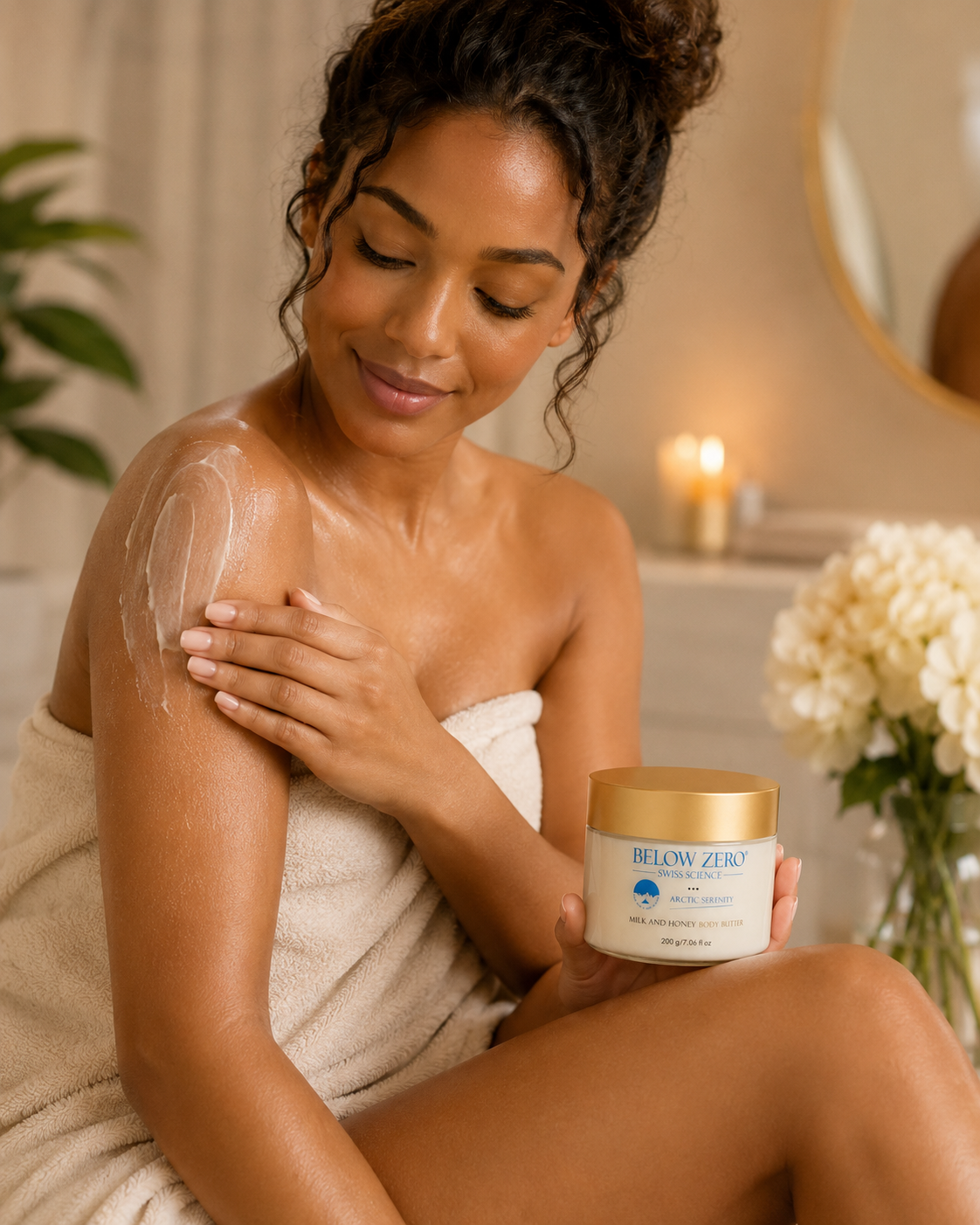 Model applying Below Zero Swiss Science Arctic Serenity Milk and Honey Body Butter after shower