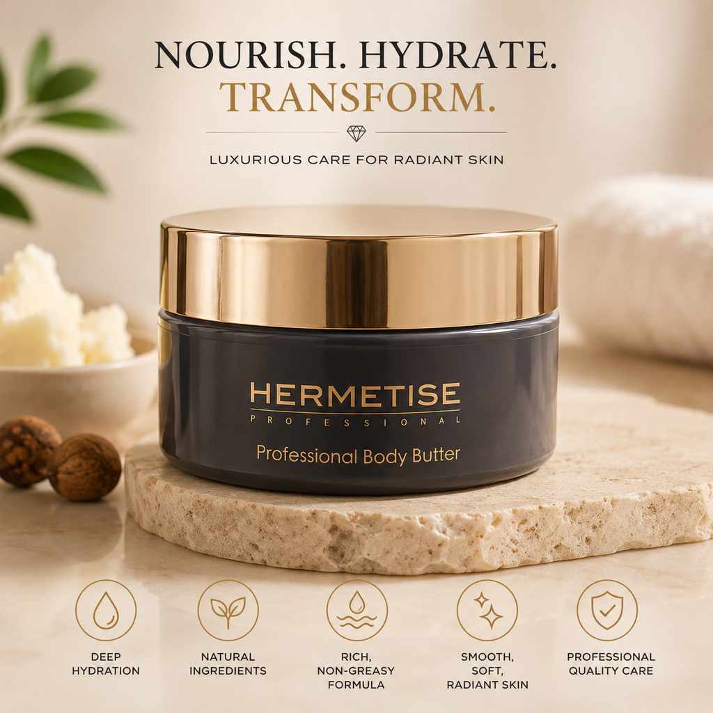 Hermetise Professional Body Butter clean ingredients infographic — Shea Butter, Sweet Almond Oil, Vitamin E, Aloe Vera, Glycerin
