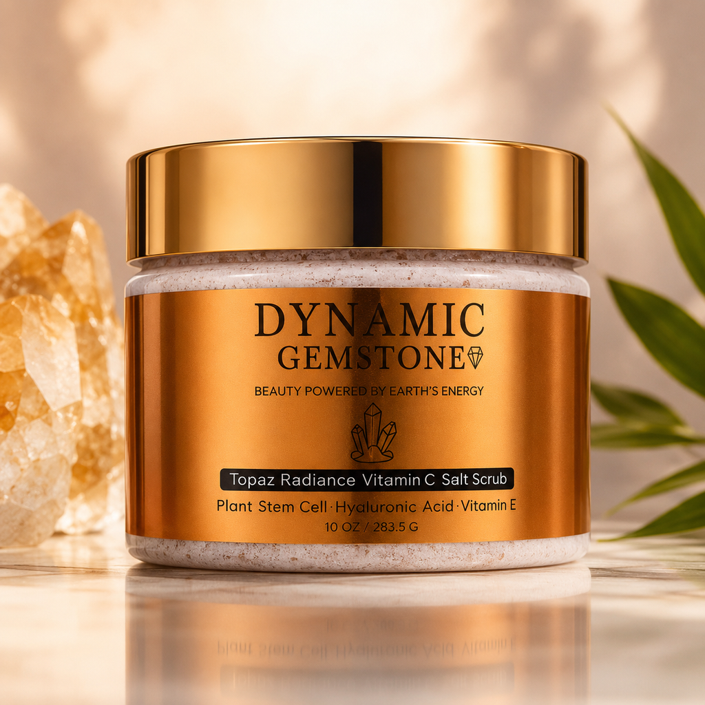 Dynamic Gemstone Topaz Radiance Vitamin C Salt Scrub open jar on marble with white roses and candle