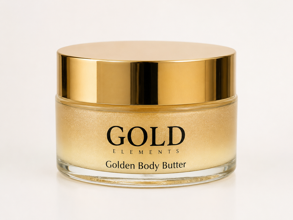 Gold Elements Golden Body Butter jar with gold lid on white background
