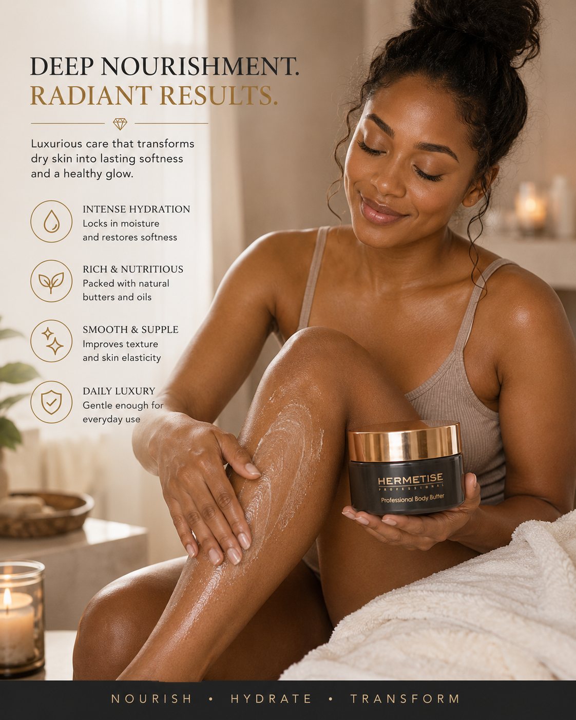 Hermetise Professional Body Butter ingredients infographic — Intense Nourishment, Unmatched Glow, Everyday Luxury