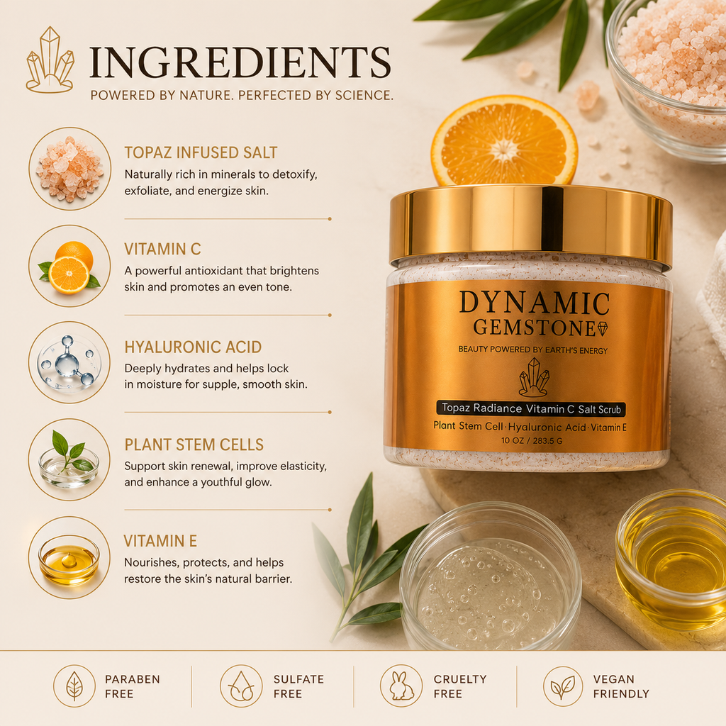Model applying Dynamic Gemstone Topaz Radiance Vitamin C Salt Scrub with product benefits listed