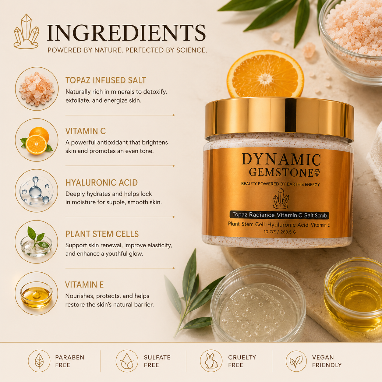 Model applying Dynamic Gemstone Topaz Radiance Vitamin C Salt Scrub with product benefits listed