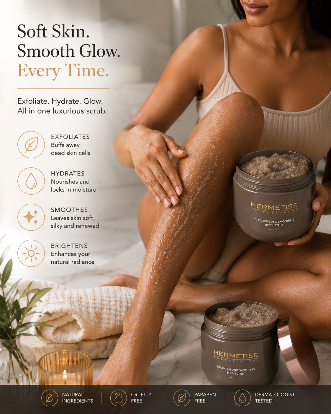 Model applying Hermetise Professional Body Scrub — Soft Skin, Smooth Glow, Every Time