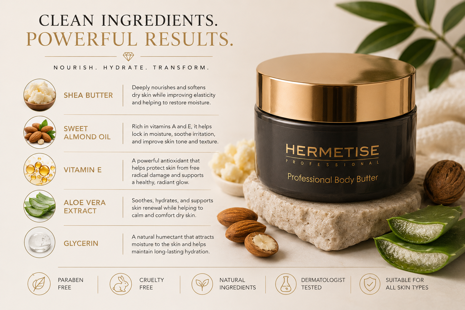 Model applying Hermetise Professional Body Butter — Deep Nourishment, Radiant Results