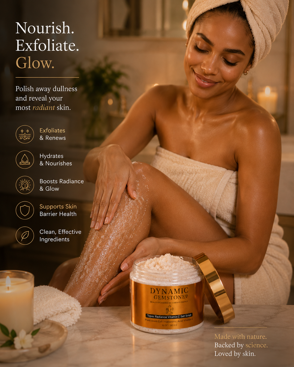 Dynamic Gemstone Topaz Radiance Vitamin C Salt Scrub closed jar with topaz crystals