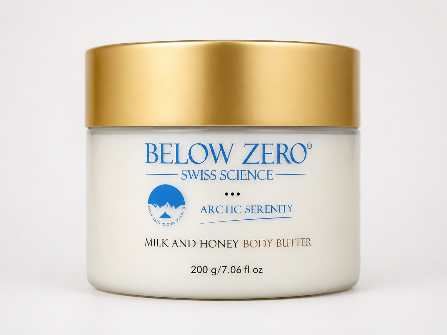 Below Zero Swiss Science Arctic Serenity Milk and Honey Body Butter 200g jar with gold lid on white background