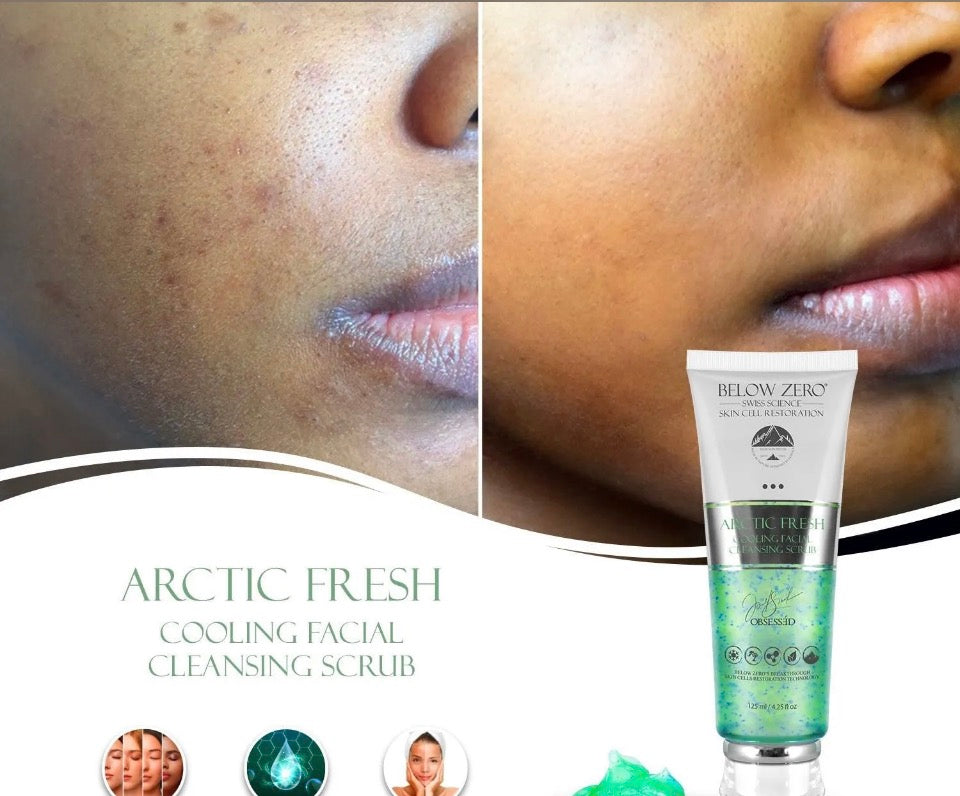Before and after results with Below Zero Arctic Fresh Scrub - clearer, smoother skin