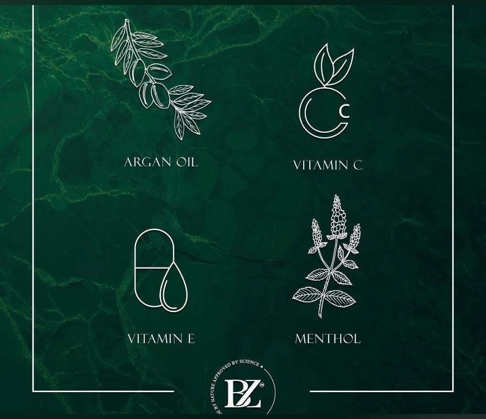 Below Zero Arctic Fresh key ingredients - Argan Oil, Vitamin C, Vitamin E, Menthol on dark green background