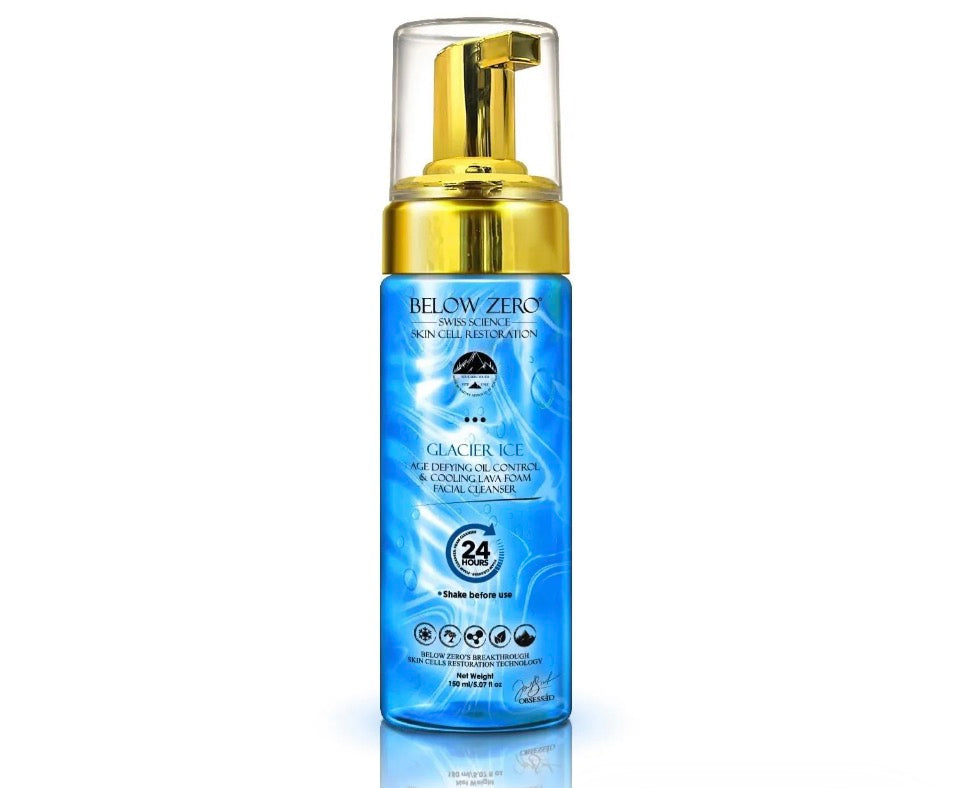 Below Zero Glacier Ice Cooling Lava Foam Facial Cleanser - 150ml gold pump bottle on white background