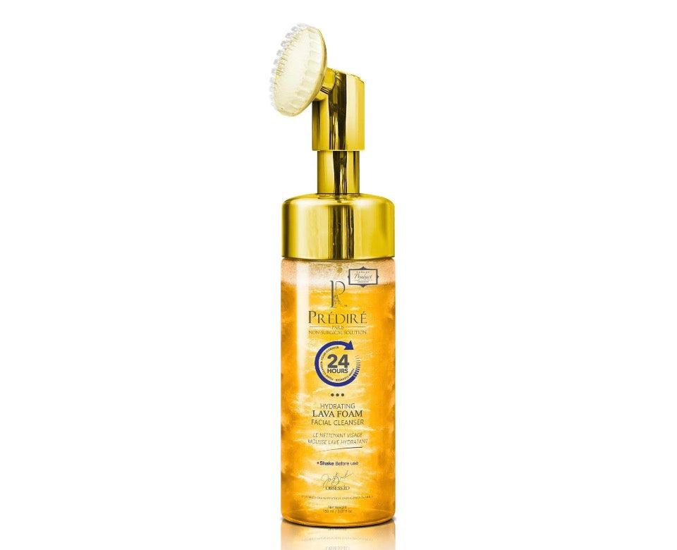 Prédiré Paris 24-Hour Hydrating Lava Foam Facial Cleanser - gold bottle with built-in brush head on white background