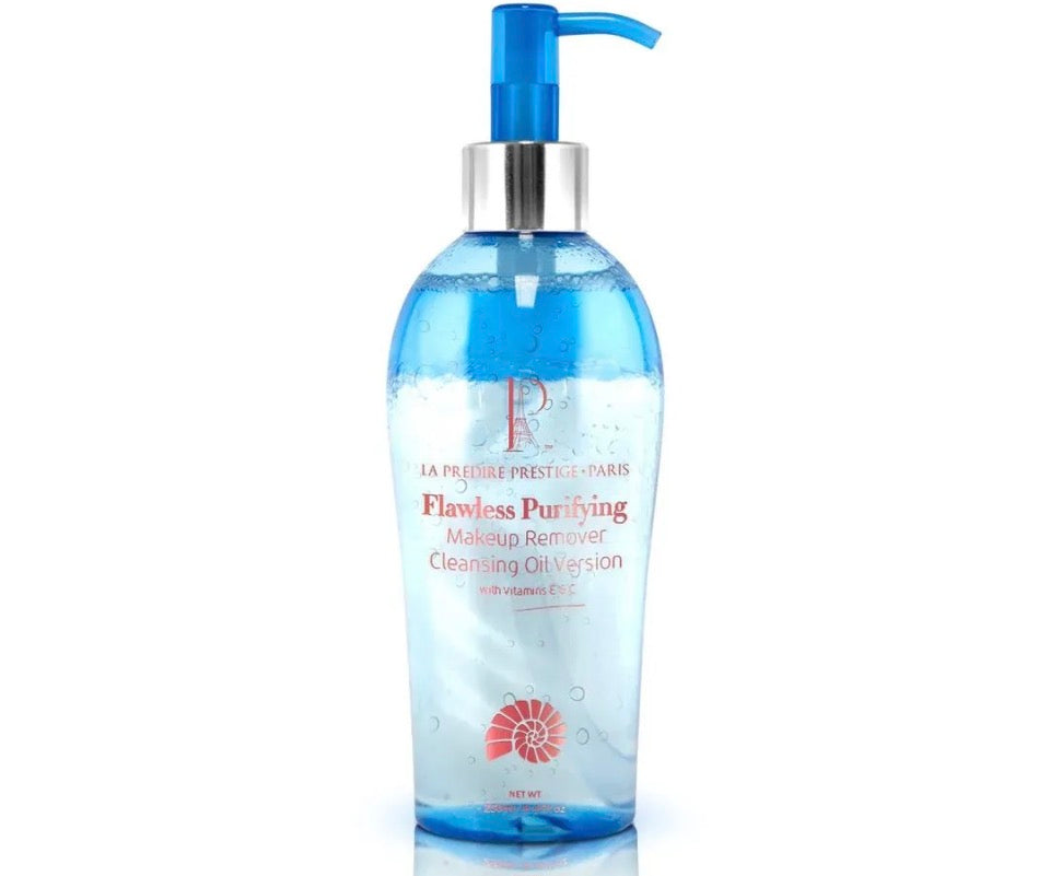 La Prélire Prestige Paris Flawless Purifying Makeup Remover Cleansing Oil - blue pump bottle on white background