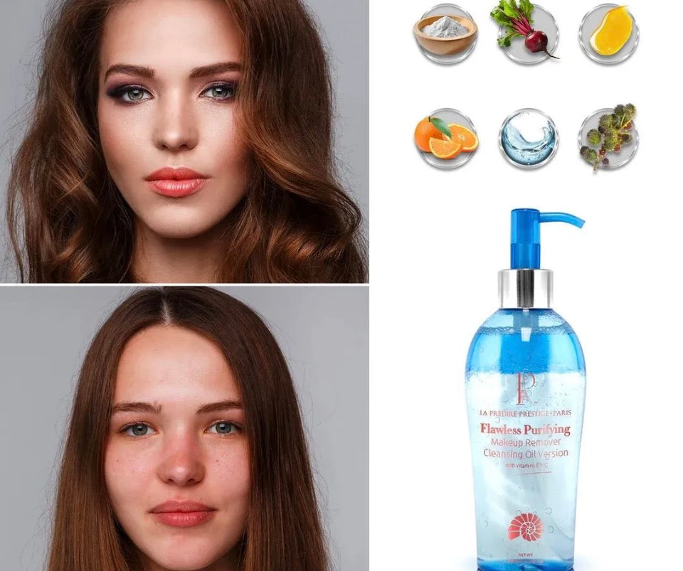 Before and after makeup removal with La Prélire Cleansing Oil - key botanical ingredients and product bottle