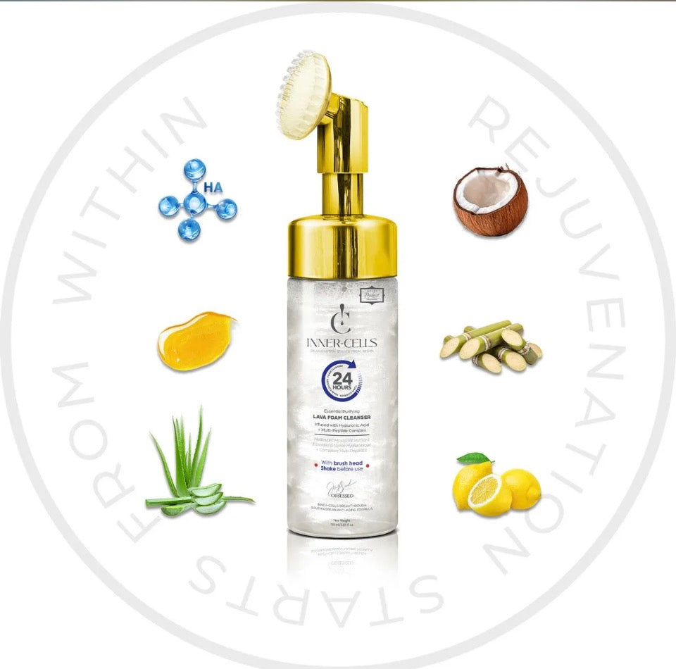 Inner-Cells Lava Foam Cleanser key ingredients - Hyaluronic Acid, Coconut, Honey, Aloe Vera, Sugar Cane, Lemon