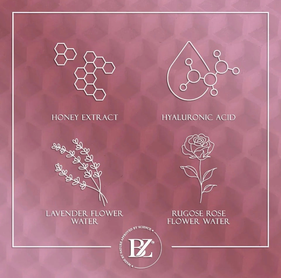 BZ key ingredients - Honey Extract, Hyaluronic Acid, Lavender Flower Water, Rugose Rose Flower Water