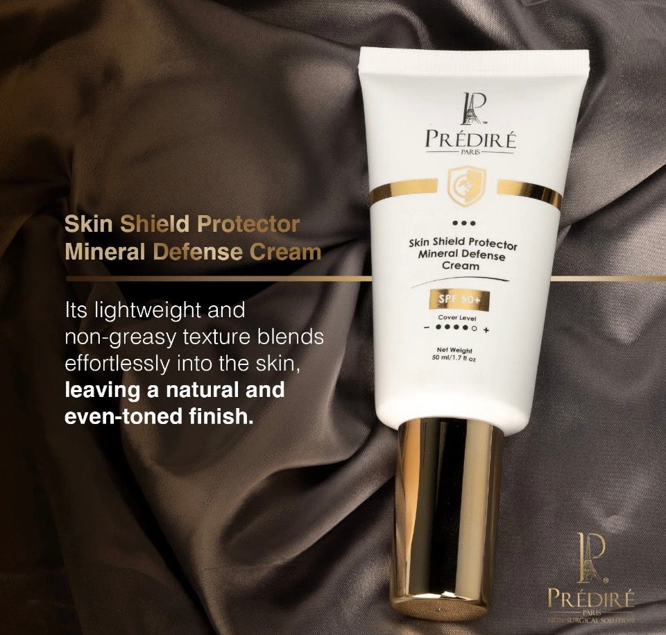 Prédiré Paris Skin Shield Mineral Defense Cream - lightweight non-greasy texture on dark silk background