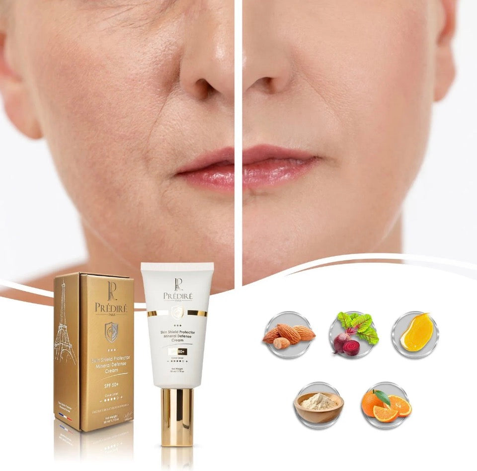 Before and after with Prédiré Paris Skin Shield SPF 50+ - smoother skin and key botanical ingredients