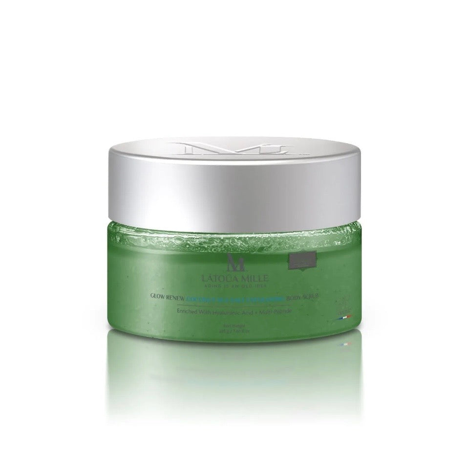 Naéa Millé Glow Renew Coconut Sea Salt Exfoliating Body Scrub - emerald green glass jar with silver chrome lid on white background