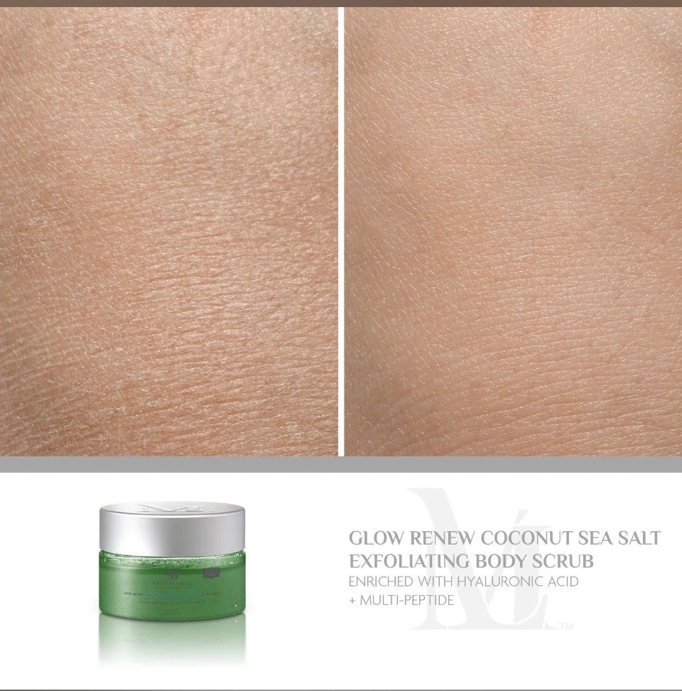 Before and after results with Naéa Millé Glow Renew Body Scrub - visibly smoother, more even skin texture