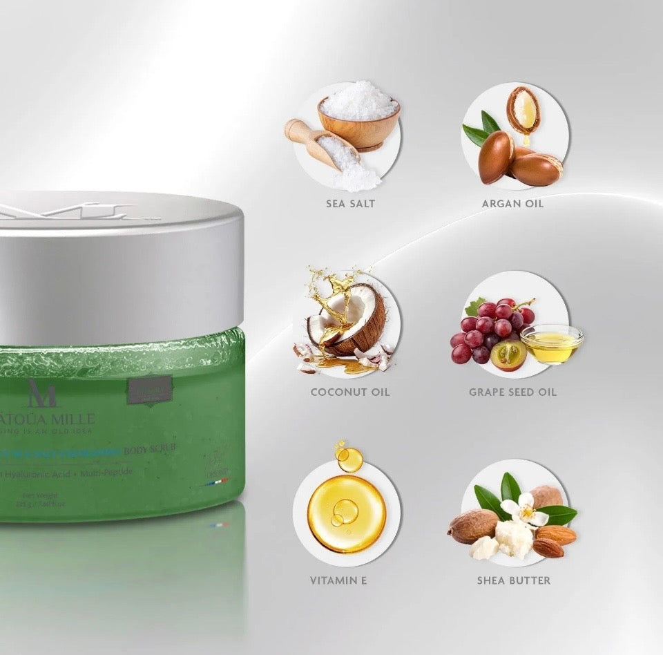Naéa Millé Glow Renew Body Scrub key ingredients - Sea Salt, Argan Oil, Coconut Oil, Grape Seed Oil, Vitamin E, Shea Butter
