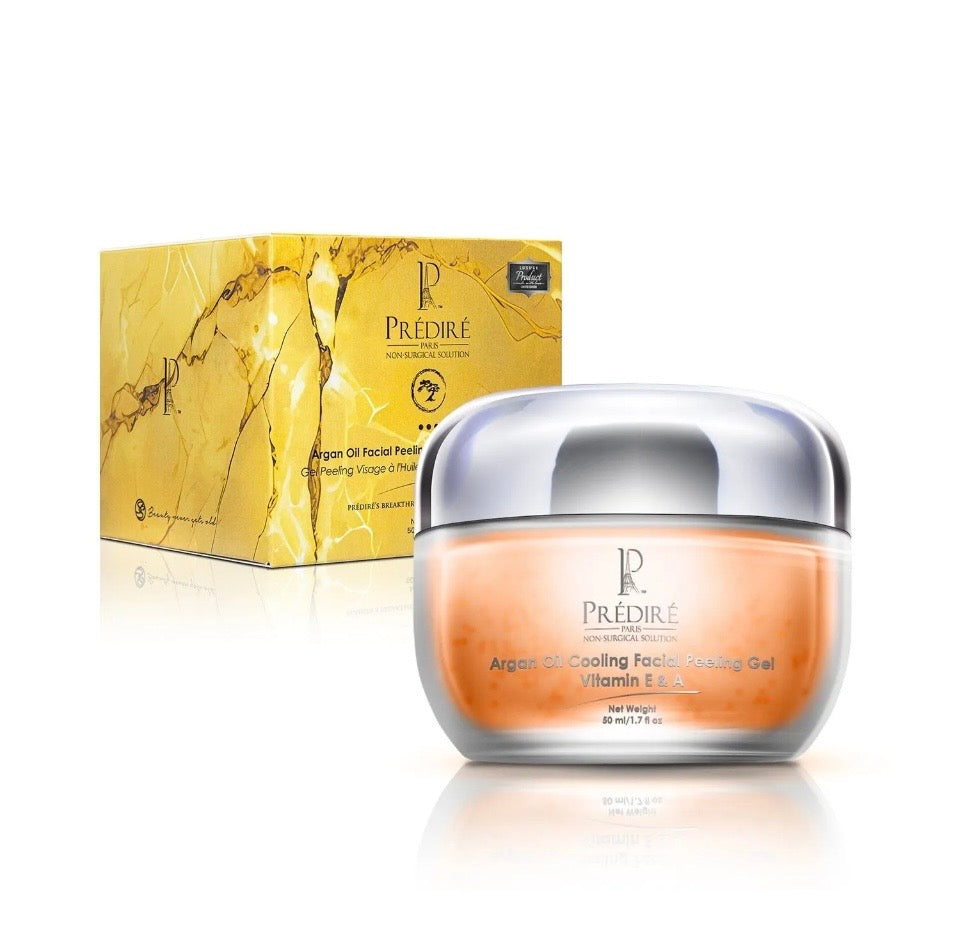 Prédiré Paris Argan Oil Cooling Facial Peeling Gel - gold marble box and chrome dome jar on white background