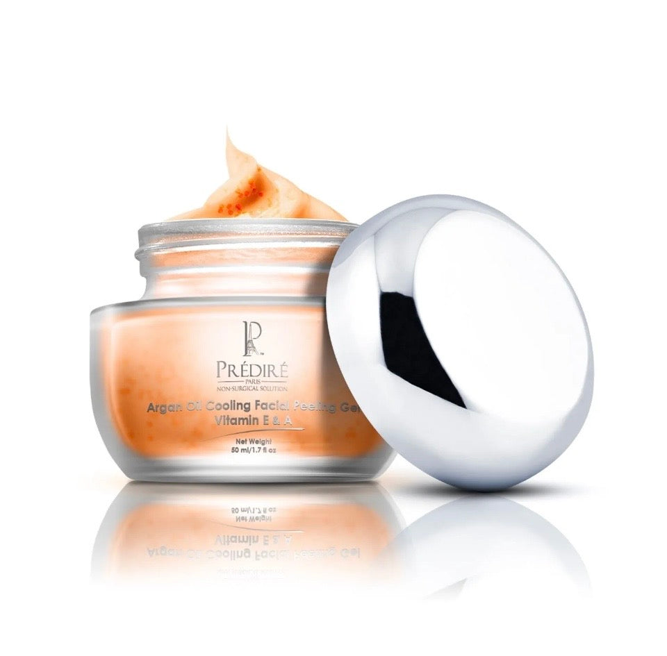 Prédiré Paris Argan Oil Cooling Facial Peeling Gel - open jar showing warm amber gel texture with chrome lid