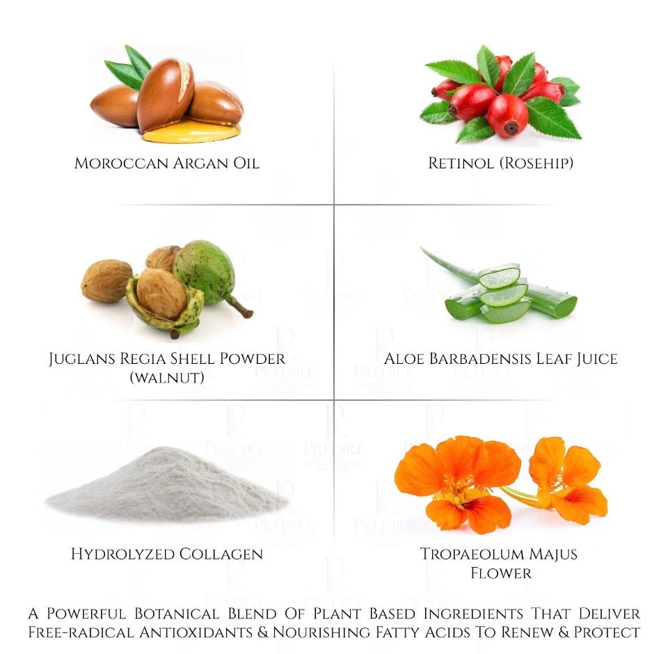 Prédiré Paris Oil Control Cooling Serum key ingredients - Moroccan Argan Oil, Retinol Rosehip, Walnut, Aloe, Hydrolyzed Collagen, Tropaeolum Majus Flower