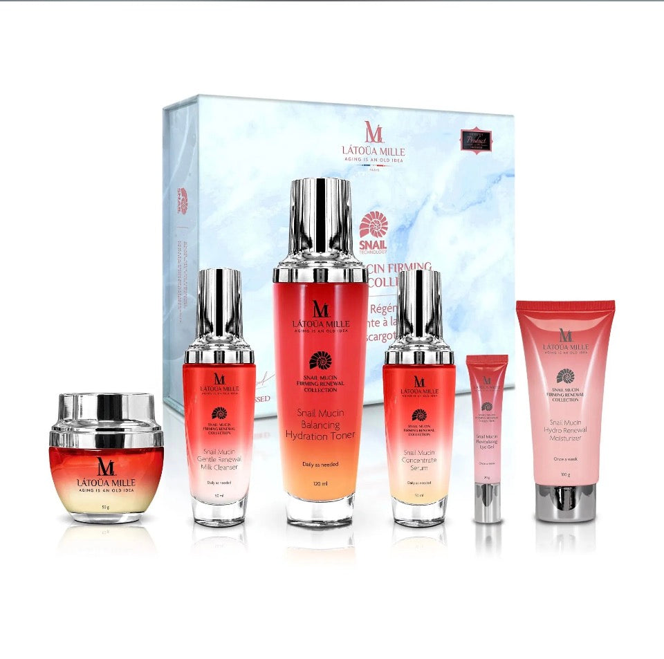 Latoua Millé Snail Mucin Firming Renewal Collection - all 6 products with white marble and silver gift box on white background