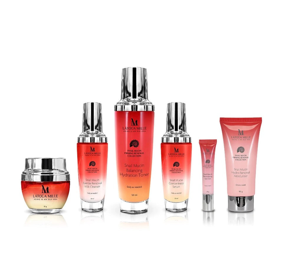 Latoua Millé Snail Mucin Firming Renewal Collection - all 6 coral-and-chrome products on white background