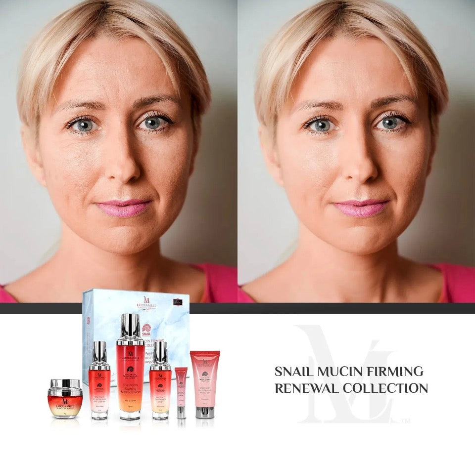 Before and after with Latoua Millé Snail Mucin Firming Renewal Collection - visibly firmer smoother skin with reduced fine lines