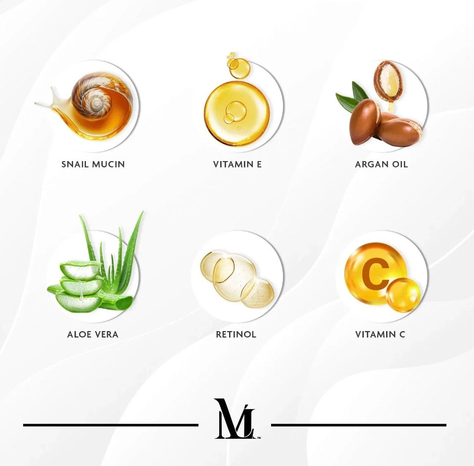 Latoua Millé Snail Mucin Firming Renewal Collection key ingredients - Snail Mucin, Vitamin E, Argan Oil, Aloe Vera, Retinol, Vitamin C