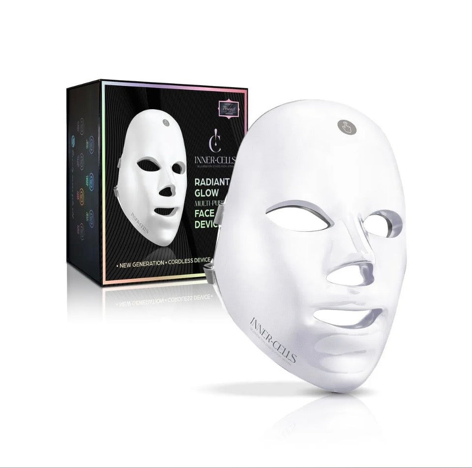 Inner-Cells Radiant Glow Multi-Purpose Face Device - white LED mask in front of holographic black gift box on white background