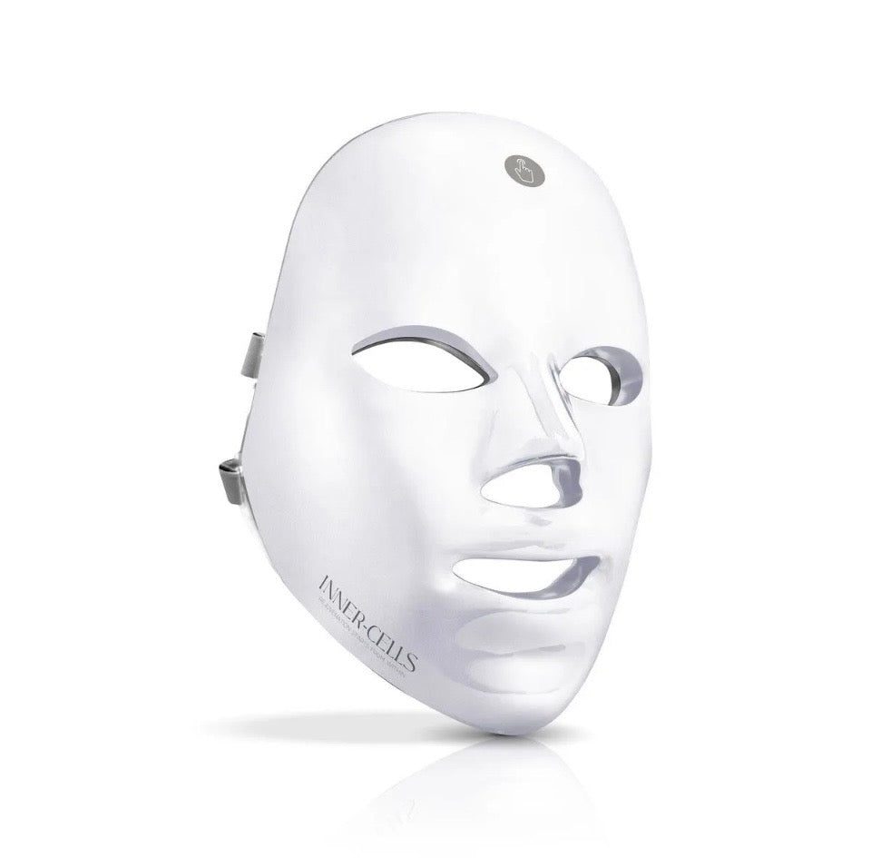 Inner-Cells Radiant Glow Multi-Purpose Face Device - white LED mask solo on white background showing touch button and silver hardware