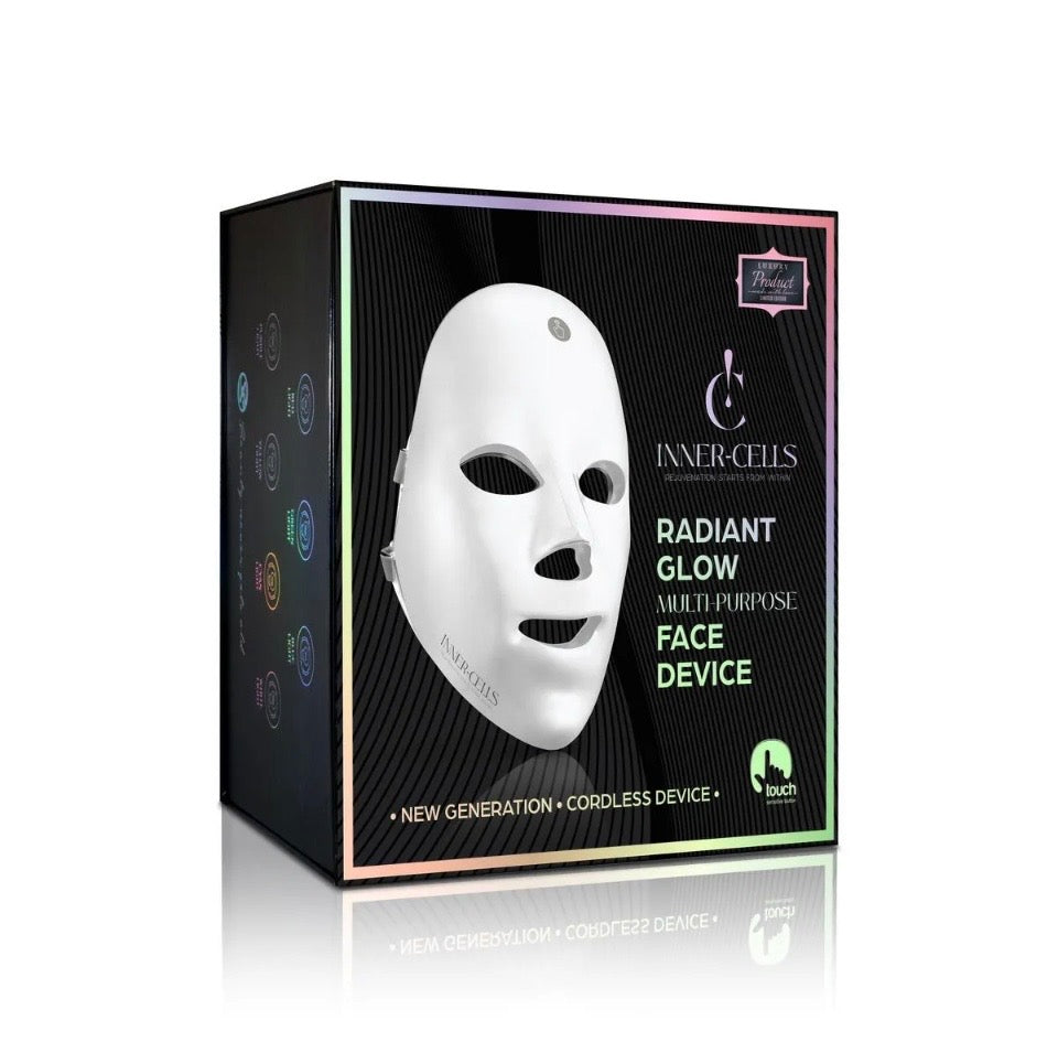 Inner-Cells Radiant Glow Multi-Purpose Face Device - white LED mask in holographic black gift box on white background