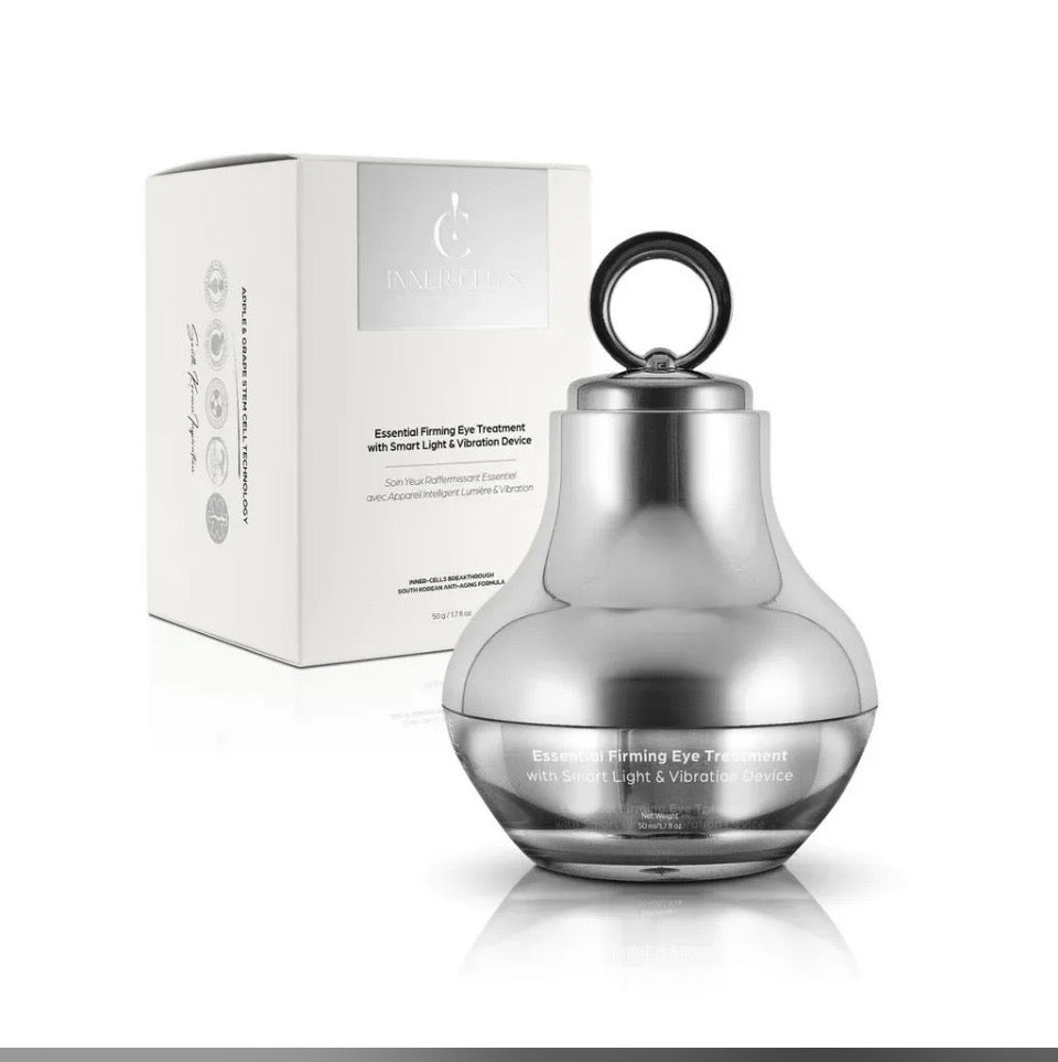 Inner-Cells Essential Firming Eye Treatment with Smart Light & Vibration Device - chrome lantern jar with black ring handle next to white gift box on white background