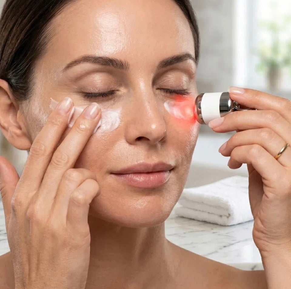 Model applying Inner-Cells Essential Firming Eye Treatment while using Smart Light & Vibration Device around eye contour - lifestyle editorial shot