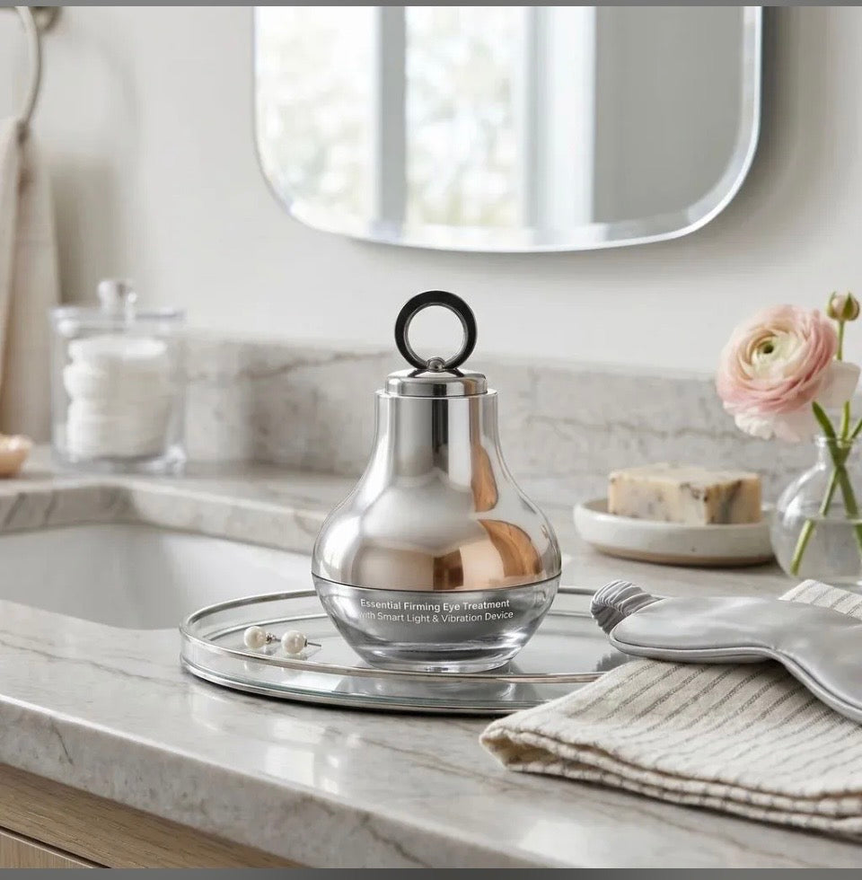 Inner-Cells Essential Firming Eye Treatment chrome lantern jar on marble vanity tray with pearl earrings and pink ranunculus flower - luxury lifestyle editorial shot