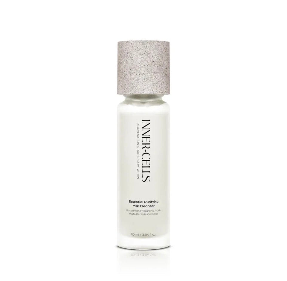Inner-Cells Essential Purifying Milk Cleanser - white frosted bottle with speckled granite cap solo on white background