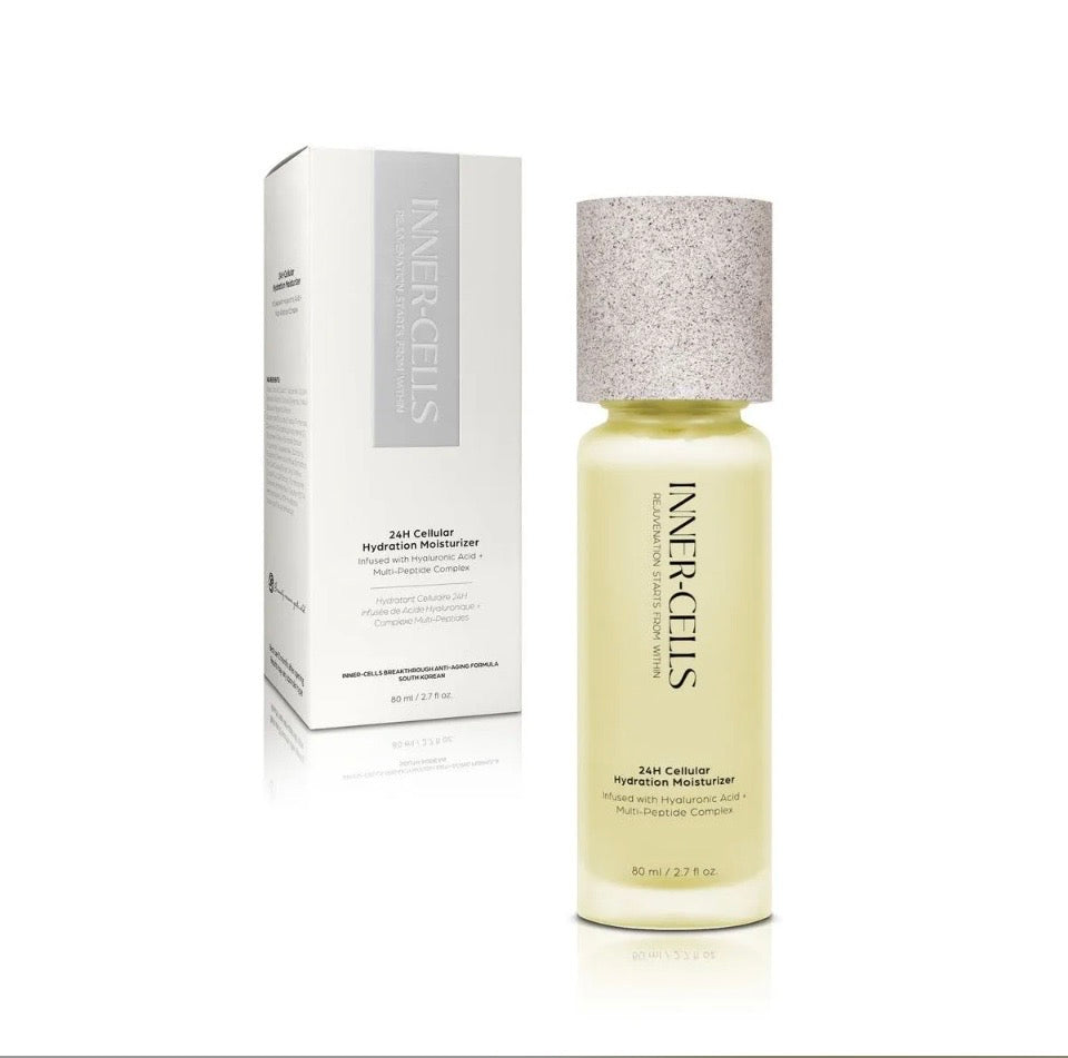 Inner-Cells 24H Cellular Hydration Moisturizer - pale sage-green frosted bottle with speckled granite cap next to white gift box on white background