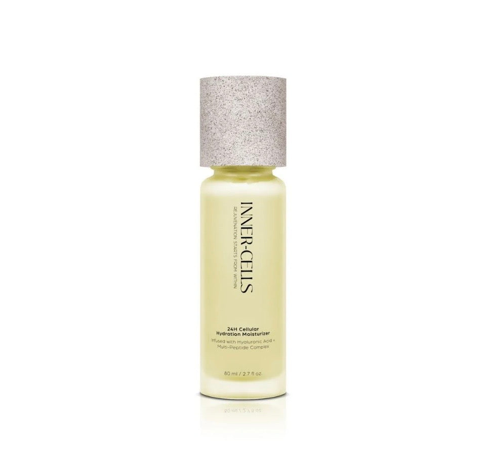 Inner-Cells 24H Cellular Hydration Moisturizer - pale sage-green frosted bottle with speckled granite cap solo on white background
