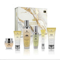 Latoua Millé Caviar Essence Skin Rejuvenation Ritual Set - all 6 products displayed in front of white marble and gold gift box on white background