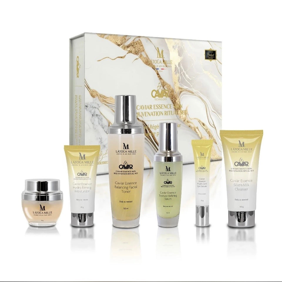 Latoua Millé Caviar Essence Skin Rejuvenation Ritual Set - all 6 products displayed in front of white marble and gold gift box on white background