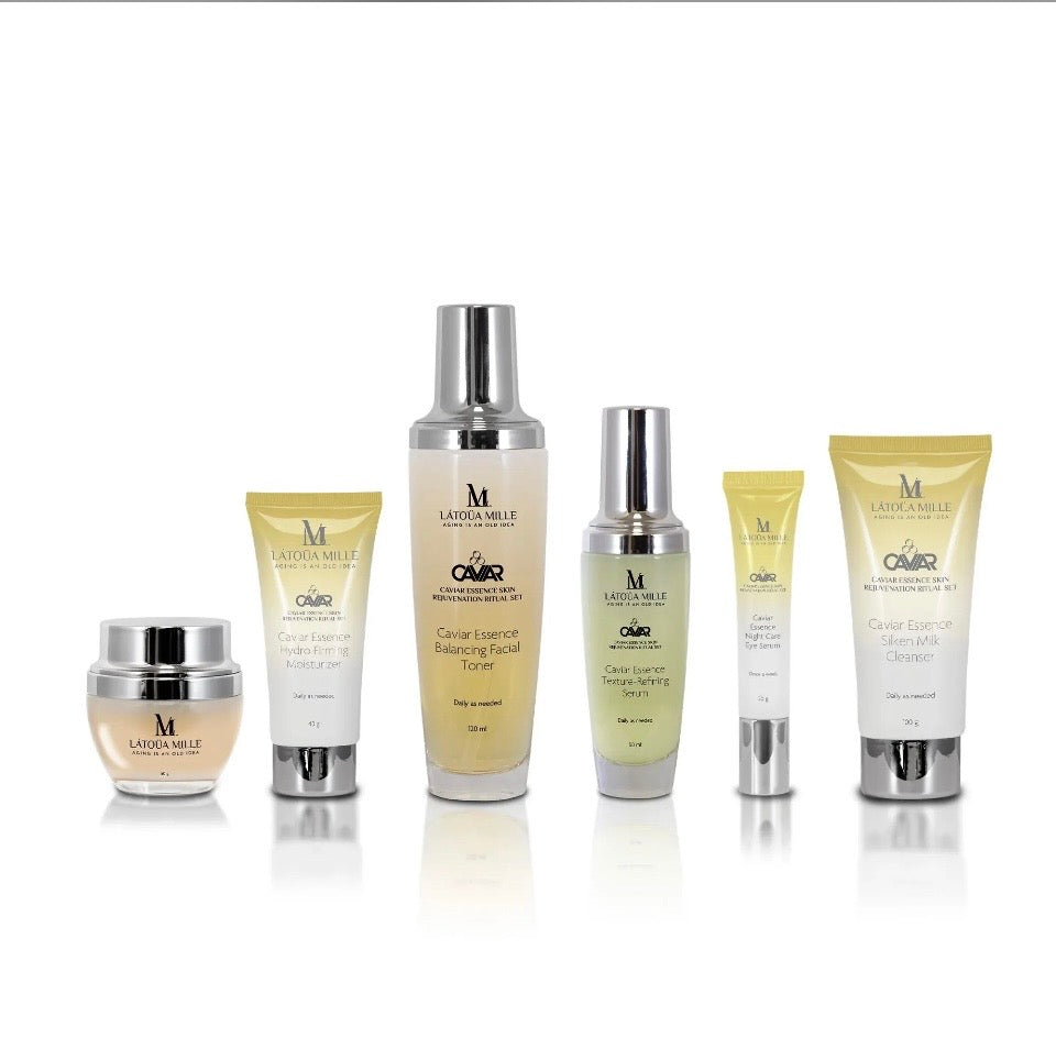 Latoua Millé Caviar Essence Skin Rejuvenation Ritual Set - all 6 golden products displayed on white background without box
