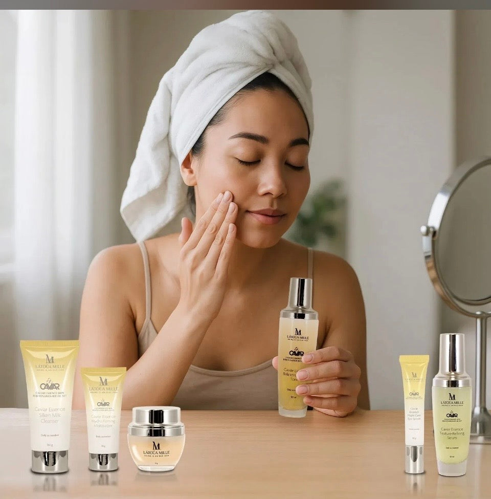 Latoua Millé Caviar Essence Skin Rejuvenation Ritual Set - lifestyle editorial shot of woman applying toner with all 6 products displayed on vanity